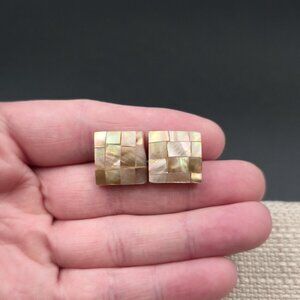 Silver Plated Checkered Shell Square Earrings A6810